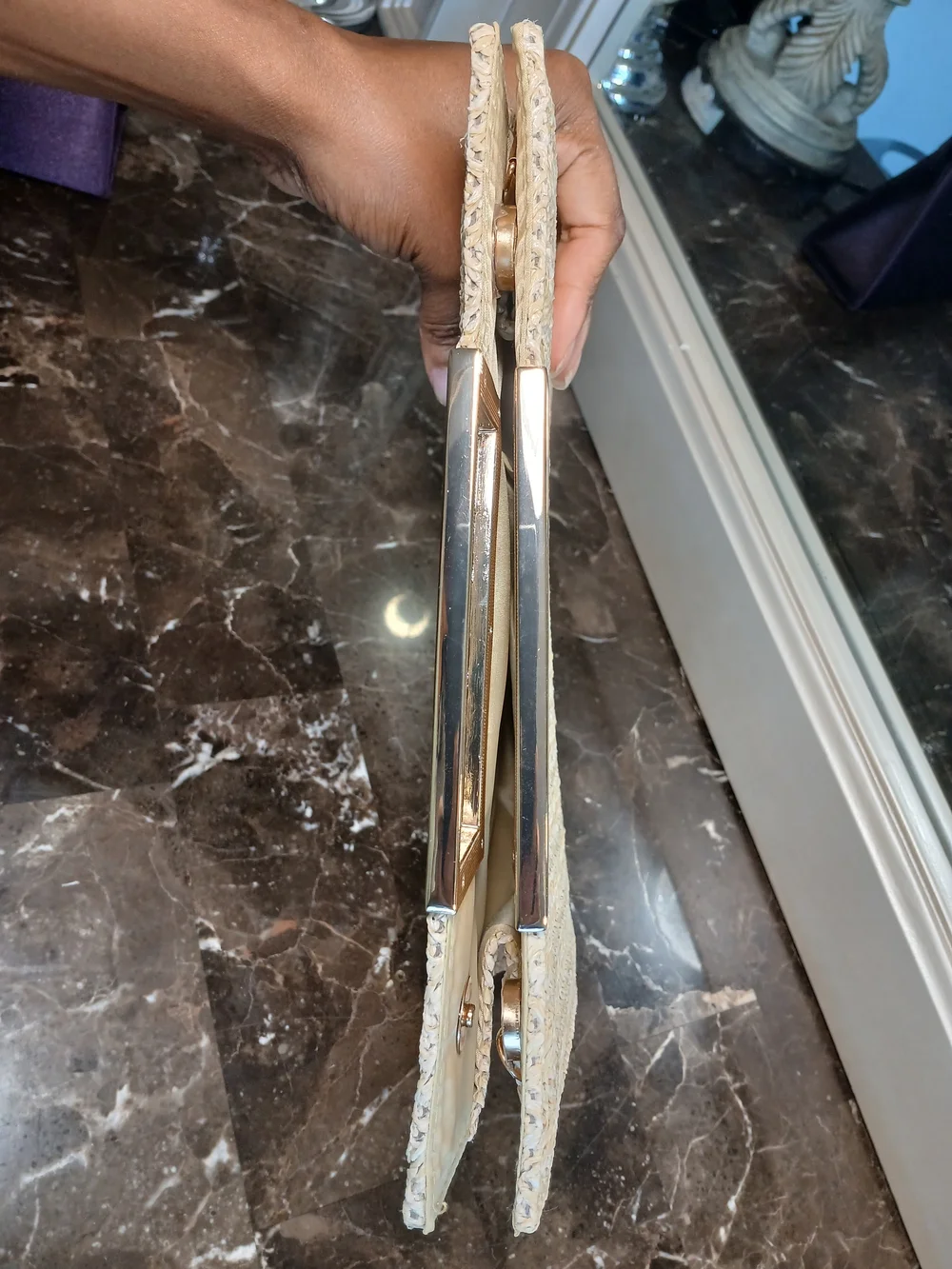 Straw Rectangle Top-Handle Clutch Bag With Gold Accents